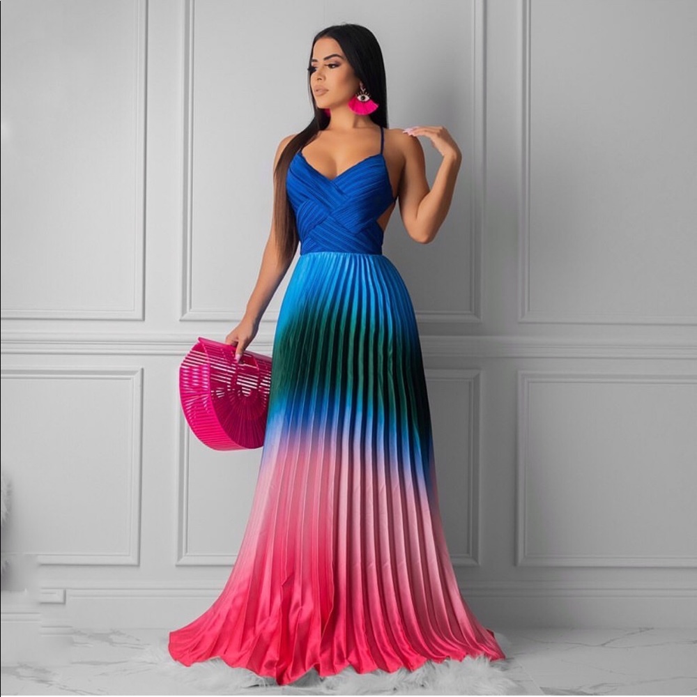 Pleated Dyed Maxi Open Back Blue Dress - Picture 1 of 8